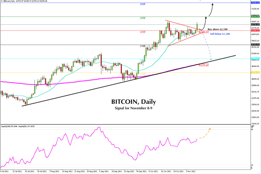 Trading signal for BITCOIN (BTC) on November 08 - 09, 2021: buy above $ 62,500 (symmetrical triangle)